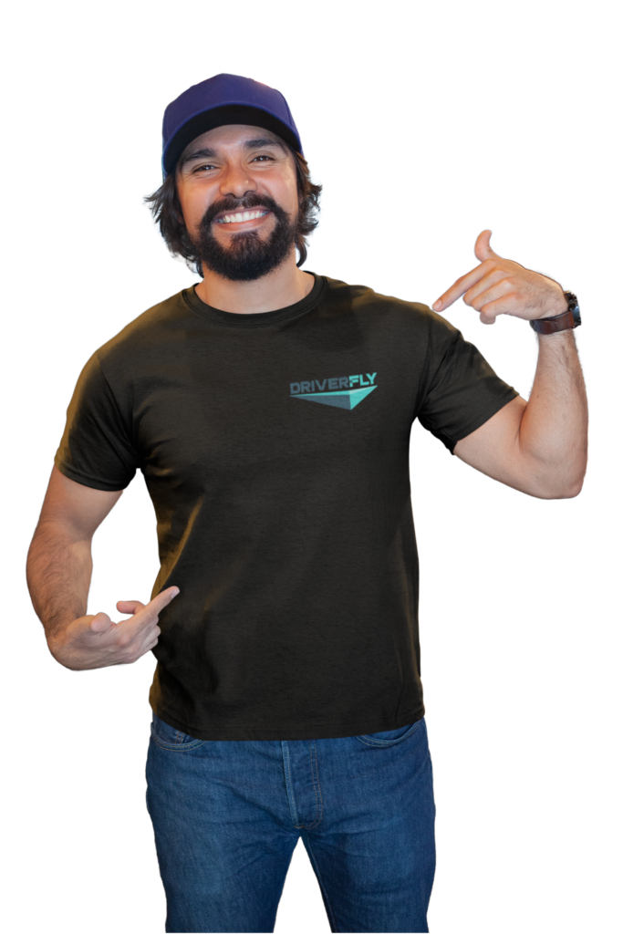 DriverFly Fleet Owner pointing at shirt